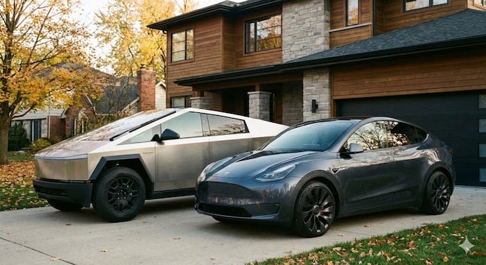 Mark Gillund's Tesla Cybertruck and Tesla Model Y in the driveway